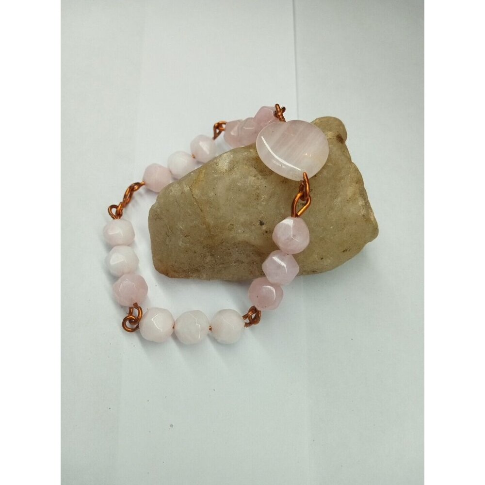 Rose Quartz Heart & Pink Morganite Gemstones 6.5 & '7.5 Copper Bracelet